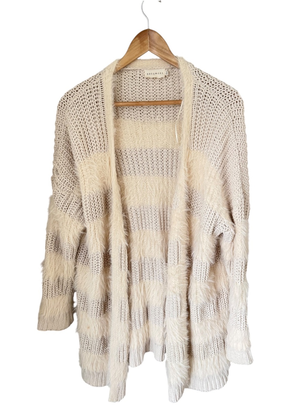 Dreamers Cream Open-Front Fuzzy Stripe Cardigan
